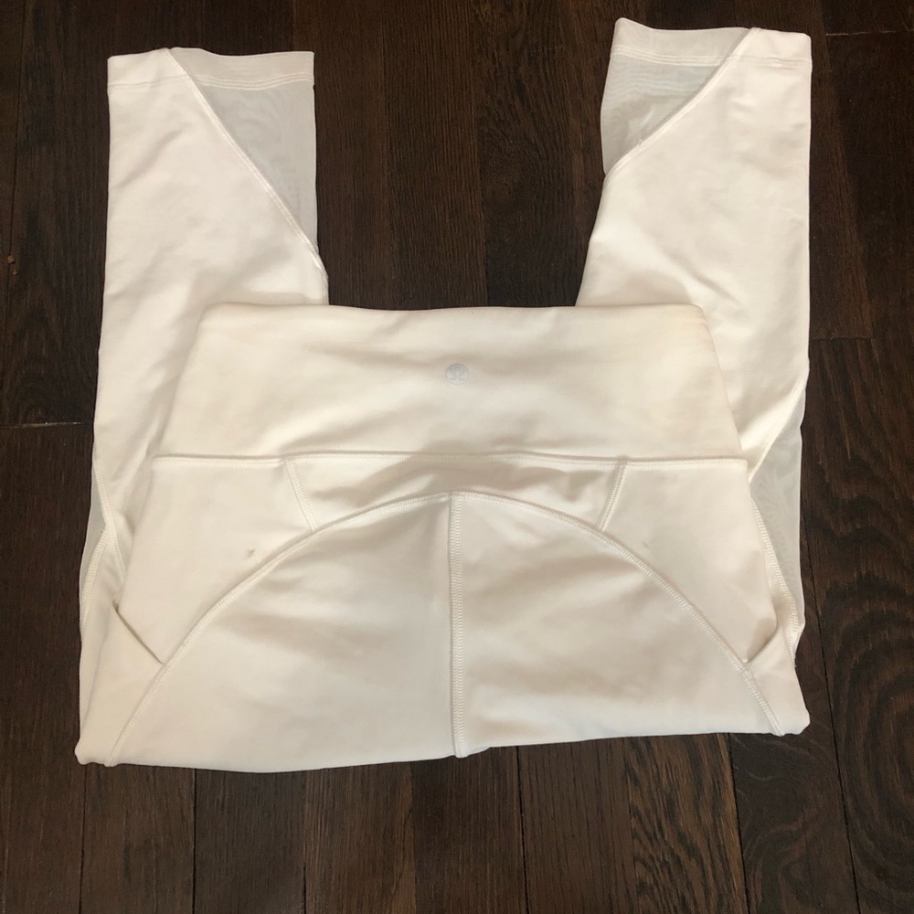 White Mid-Waisted Cropped Lululemon Leggings With Mesh Sides - Image 4